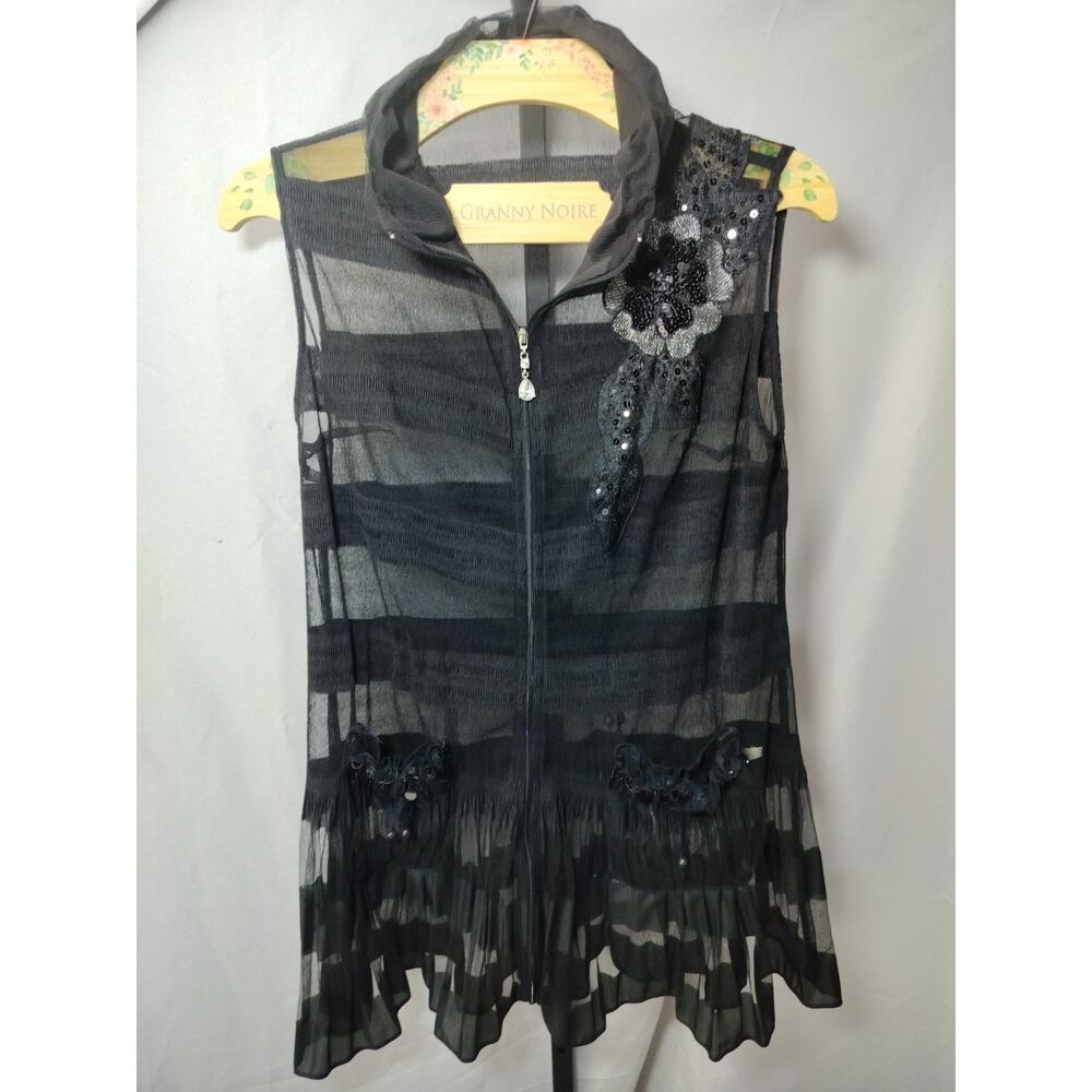 Solid & Sheer Striped Floral Sequin Full-Zip Vest, OS